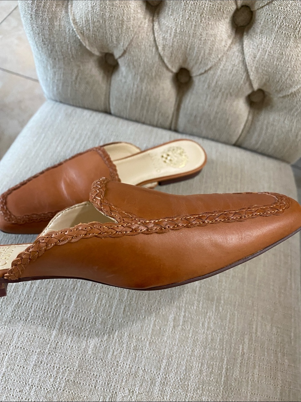 Vince Camuto NEW Cognac Braided Leather Slip-On Mules / Sz 7.5 - Picture 5 of 14